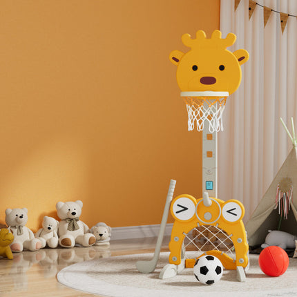 Keezi Kids Basketball Hoop Stand Adjustable 5-in-1 Sports Center Toys Set Yellow.