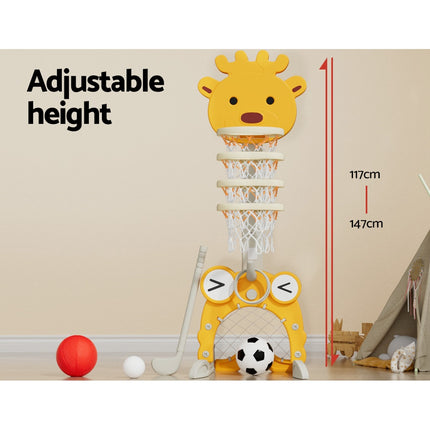 Keezi Kids Basketball Hoop Stand Adjustable 5-in-1 Sports Center Toys Set Yellow.