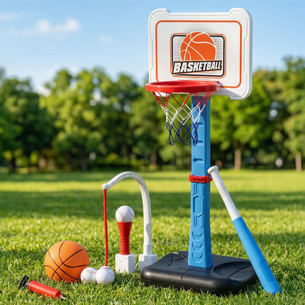 Keezi Kids Basketball Hoop Stand Baseball Set Adjustable Height Sports Toys Blue.
