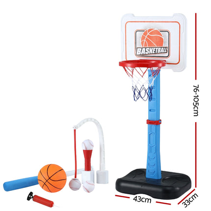 Keezi Kids Basketball Hoop Stand Baseball Set Adjustable Height Sports Toys Blue.