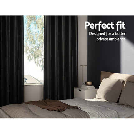 Artiss 2X Blockout Curtains Eyelet 140x230cm Black Shine.