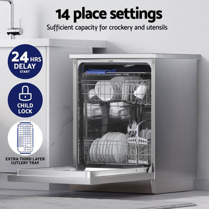 Devanti 60cm 14 Place Settings Freestanding Dishwasher Silver.
