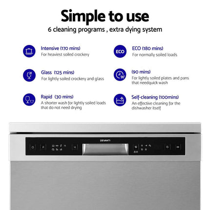 Devanti 60cm 14 Place Settings Freestanding Dishwasher Silver.