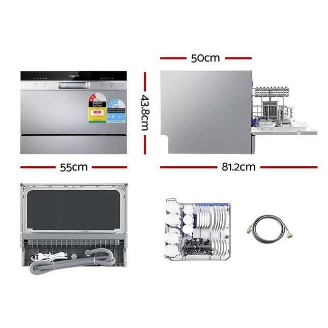Devanti 6 Place Settings Benchtop Dishwasher Sliver.