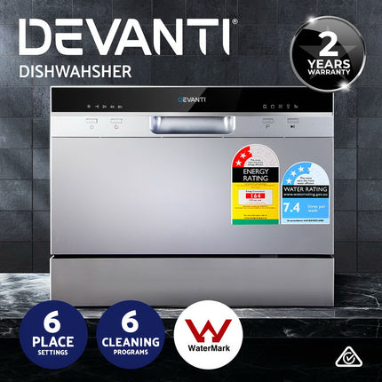 Devanti 6 Place Settings Benchtop Dishwasher Sliver.