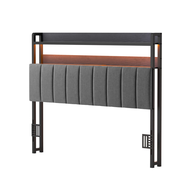 Artiss Double Headboard Charging Station Storage LED Light Grey Upholstered