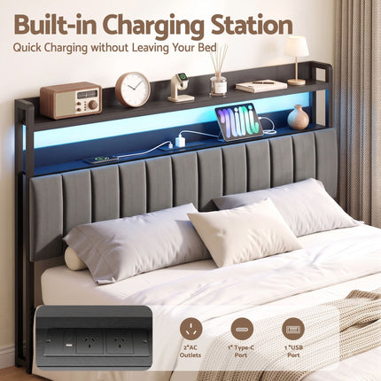 Artiss King Headboard Charging Station Storage LED Light Grey Upholstered