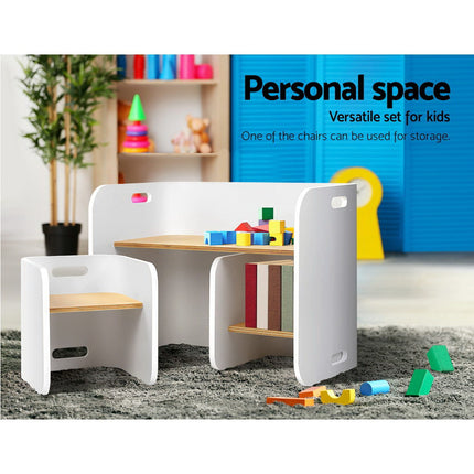 Keezi 3PCS Kids Table and Chairs Set Multifunctional Storage Desk White.