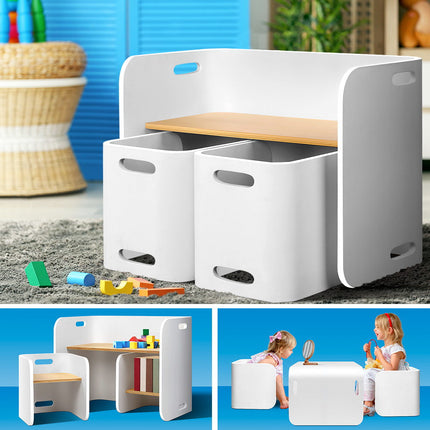 Keezi 3PCS Kids Table and Chairs Set Multifunctional Storage Desk White.