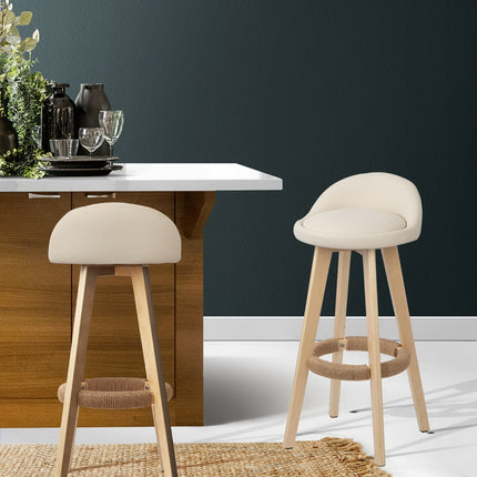 Artiss 2x Bar Stools Padded Leather Wooden Beige.