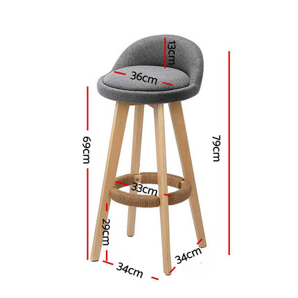 Artiss 2x Bar Stools Padded Linen Wooden Grey.