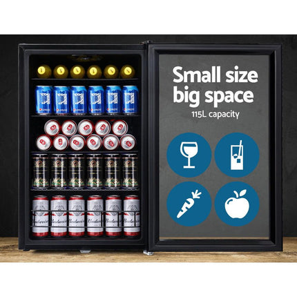 Devanti 115L Bar Fridge Glass Door w/Light Black.