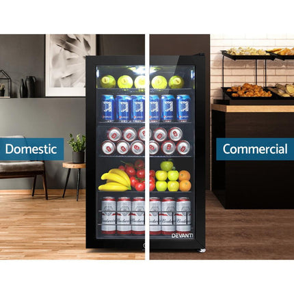 Devanti 115L Bar Fridge Glass Door w/Light Black.