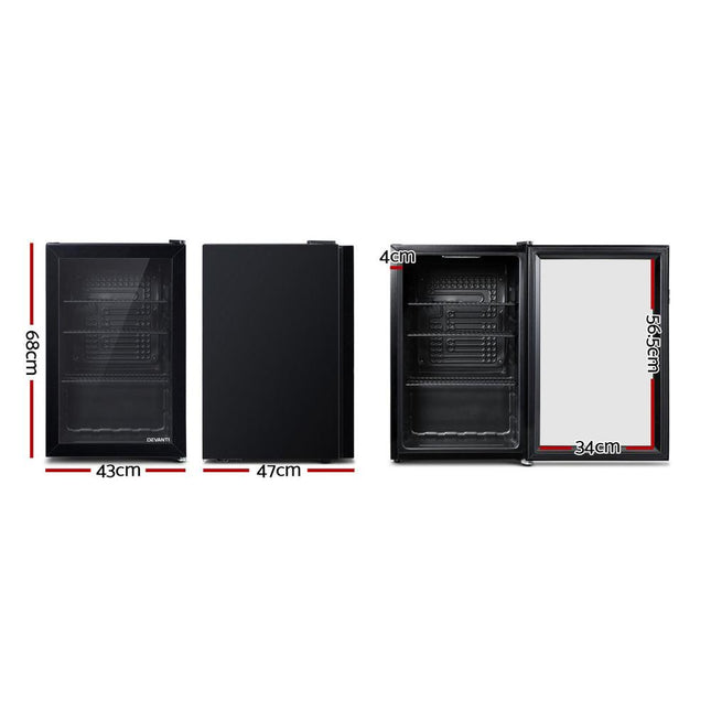Devanti 70L Bar Fridge Glass Door w/Light Black.