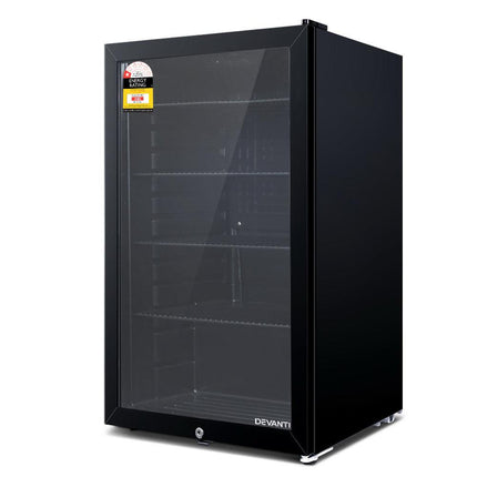 Devanti 98L Bar Fridge Glass Door Mini Fridges Freezer Black.