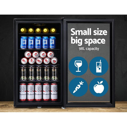 Devanti 98L Bar Fridge Glass Door Mini Fridges Freezer Black.