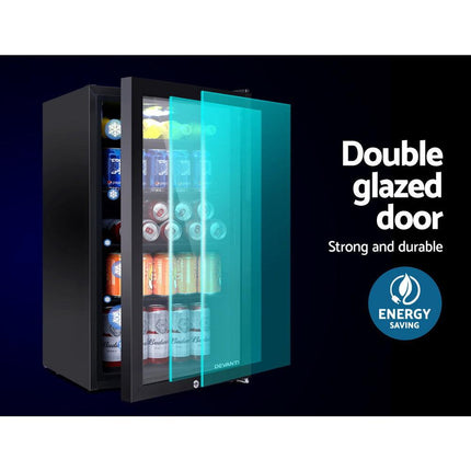 Devanti 98L Bar Fridge Glass Door Mini Fridges Freezer Black.