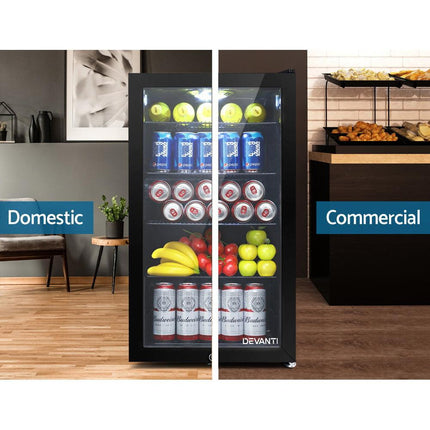 Devanti 98L Bar Fridge Glass Door Mini Fridges Freezer Black.
