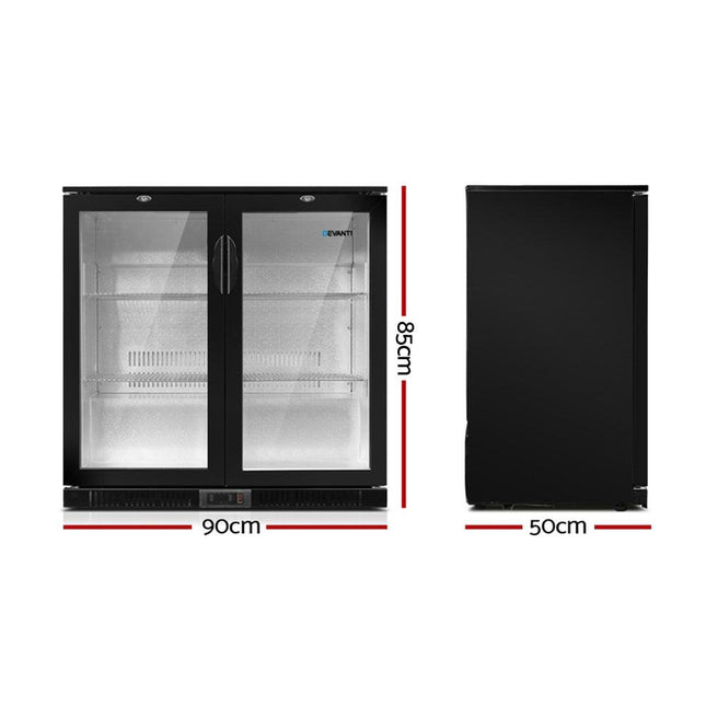 Devanti 198L Bar Fridge Dual Glass Door w/Light Black.