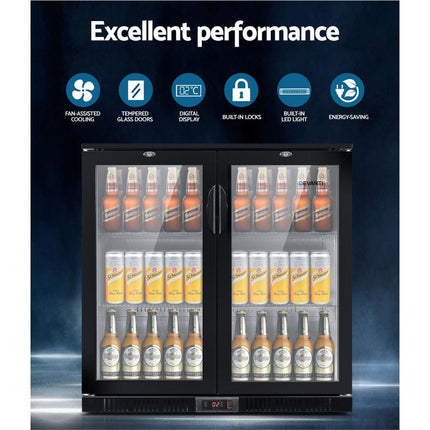 Devanti 198L Bar Fridge Dual Glass Door w/Light Black.