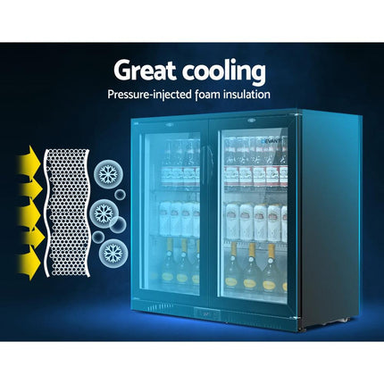 Devanti 198L Bar Fridge Dual Glass Door w/Light Black.