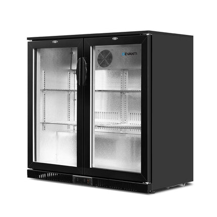 Devanti 198L Bar Fridge Dual Glass Door w/Light Black.