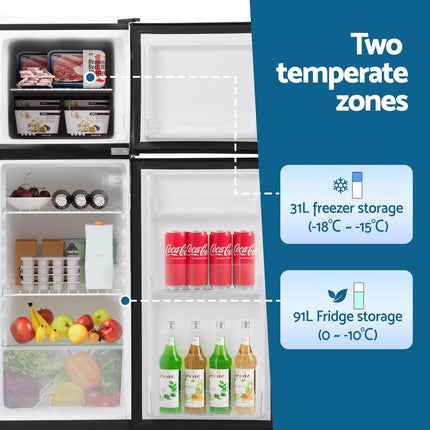 Devanti 122L Two Door Bar Fridge Mini Fridge with Freezer Black.