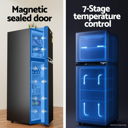 Devanti 122L Two Door Bar Fridge Mini Fridge with Freezer Black.