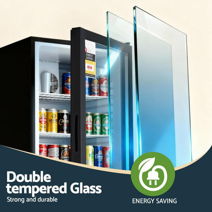 Devanti 105L Bar Fridge Glass Door Mini Fridge Countertop Cooler Black.
