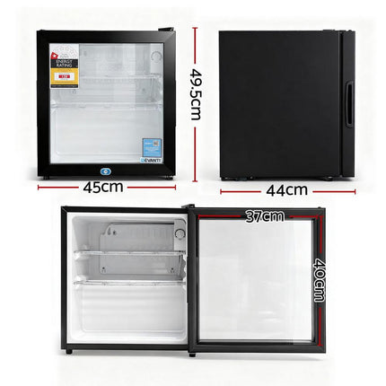 Devanti 40L Bar Fridge Glass Door Mini Fridge Countertop Cooler Black.