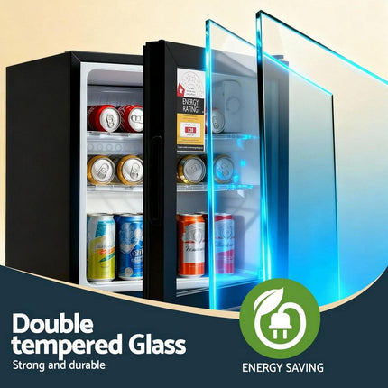 Devanti 40L Bar Fridge Glass Door Mini Fridge Countertop Cooler Black.