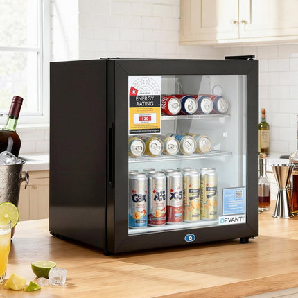 Devanti 40L Bar Fridge Glass Door Mini Fridge Countertop Cooler Black.