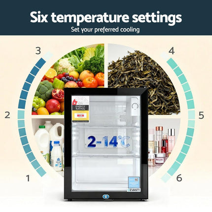 Devanti 56L Bar Fridge Glass Door Mini Fridge Countertop Cooler Black.