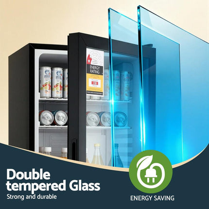 Devanti 78L Bar Fridge Glass Door Mini Fridge Countertop Cooler Black.