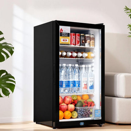 Devanti 78L Bar Fridge Glass Door Mini Fridge Countertop Cooler Black.