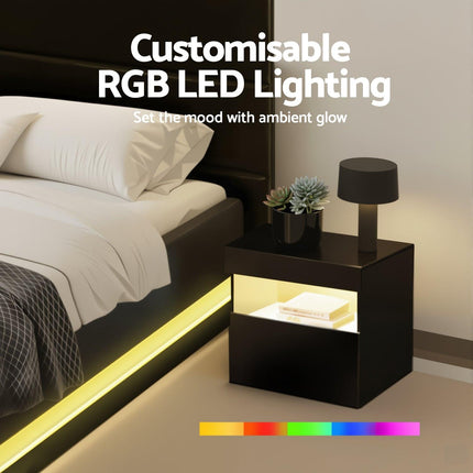Artiss RGB LED Double Bed Frame with Beside Table Set 16 Colour Mood Lighting.