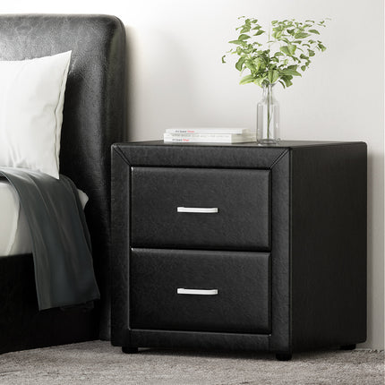 Artiss Bedside Table 2 Drawers Side Table Leather - CADEN Black.