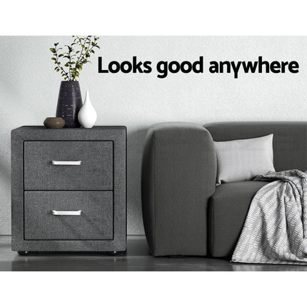 Artiss 2X Bedside Table 2 Drawers Side Table Fabric - CADEN Grey.