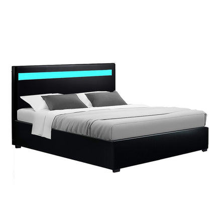 Artiss Bed Frame Double Size LED Gas Lift Black COLE.