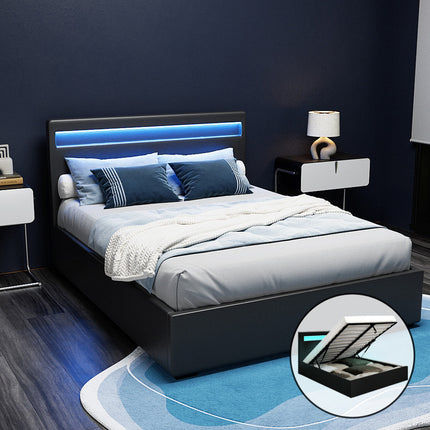 Artiss Bed Frame Double Size LED Gas Lift Black COLE.