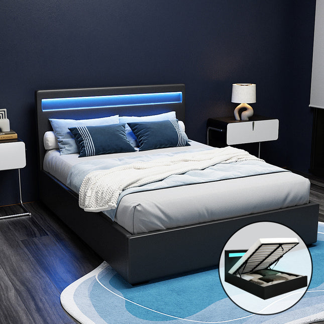 Artiss Bed Frame Double Size LED Gas Lift Black COLE.