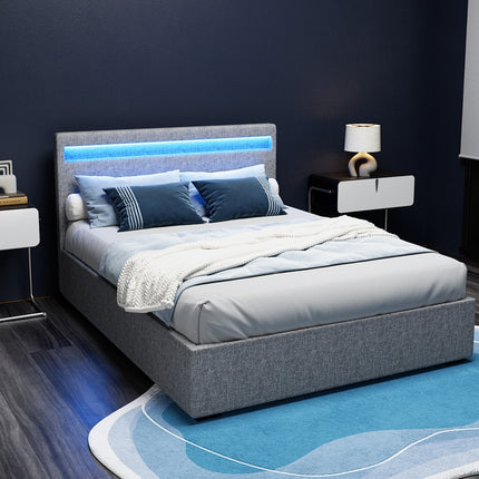 Artiss Bed Frame Double Size LED Gas Lift Grey COLE.