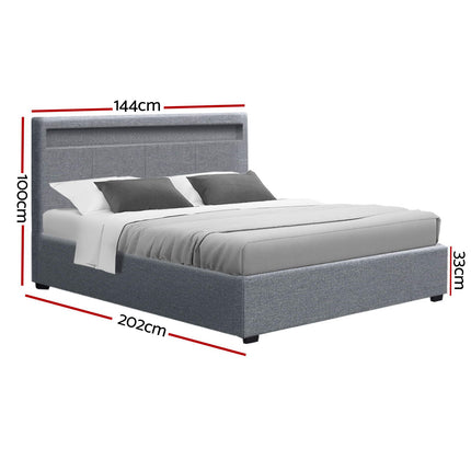 Artiss Bed Frame Double Size LED Gas Lift Grey COLE.