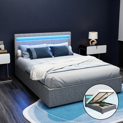Artiss Bed Frame Double Size LED Gas Lift Grey COLE.