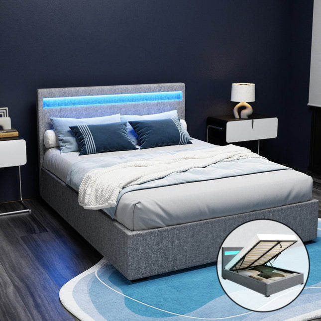 Artiss Bed Frame Double Size LED Gas Lift Grey COLE.