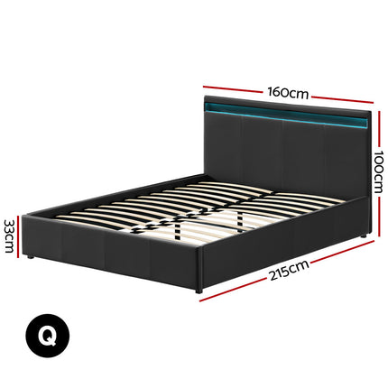 Artiss Bed Frame Queen Size LED Gas Lift Black COLE.