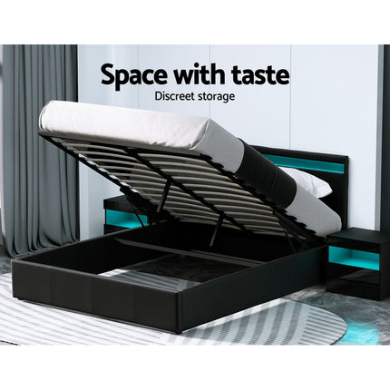 Artiss Bed Frame Queen Size LED Gas Lift Black COLE.