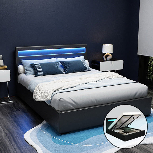 Artiss Bed Frame Queen Size LED Gas Lift Black COLE.