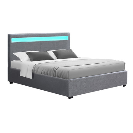 Artiss Bed Frame Queen Size LED Gas Lift Grey COLE.