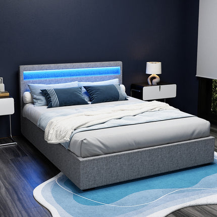 Artiss Bed Frame Queen Size LED Gas Lift Grey COLE.